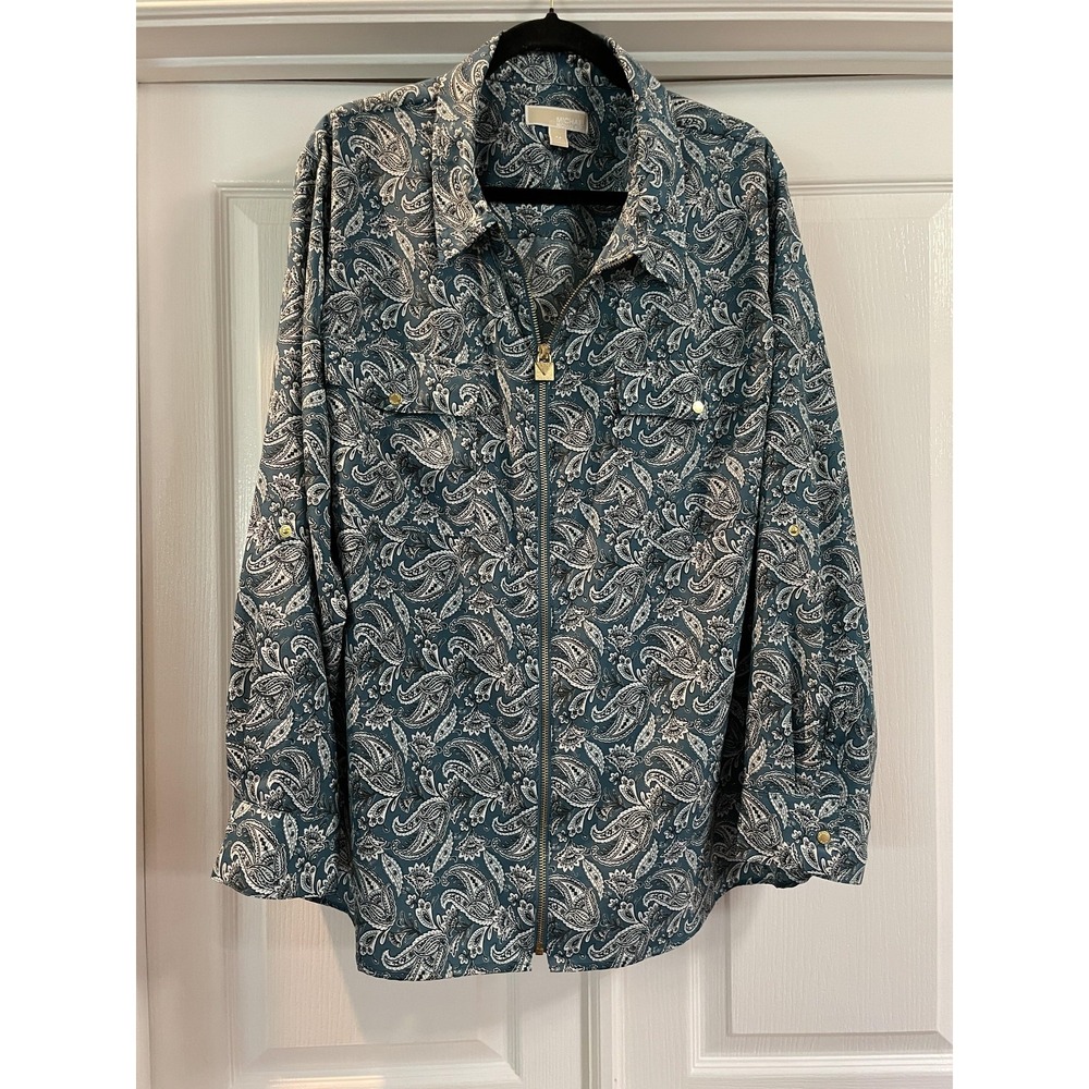 Michael Kors Jacket Womens 4X Green Paisley Satin Zip Front Pockets Lightweight